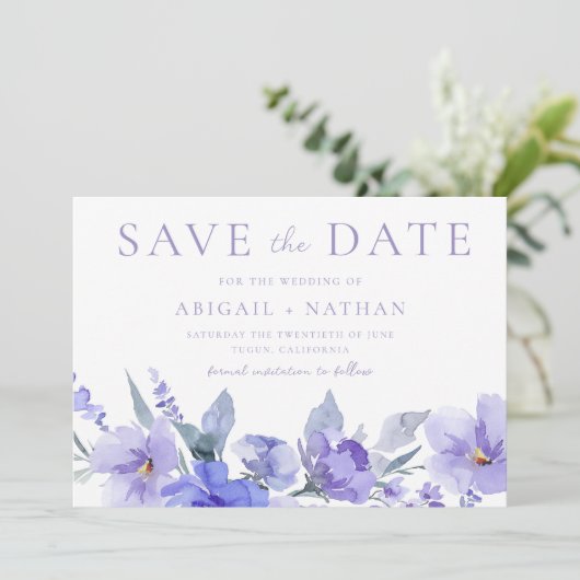 Elegante Violet Paarse Waterverf bruiloft Save The Date (Staand voorkant)