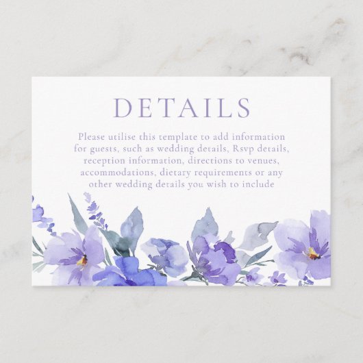 Elegante Violet Paarse Waterverf Trouwdetails Informatiekaartje (Voorkant)