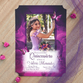 Elegante Violet Roze Rozen, Vlinders Quinceanera Kaart