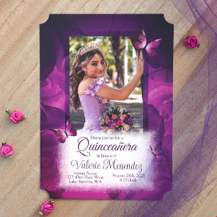 Elegante Violet Roze Rozen, Vlinders Quinceanera Kaart