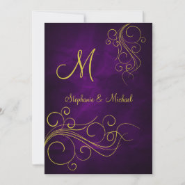 Elegante violette gouden monogram bruiloft uitnodi kaart