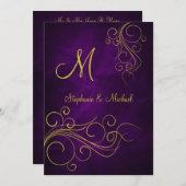 Elegante violette gouden monogram bruiloft uitnodi kaart (Voorkant / Achterkant)