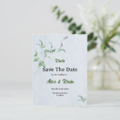 Elegante violette knop op een hemelsblauwe achterg save the date (Staand voorkant)