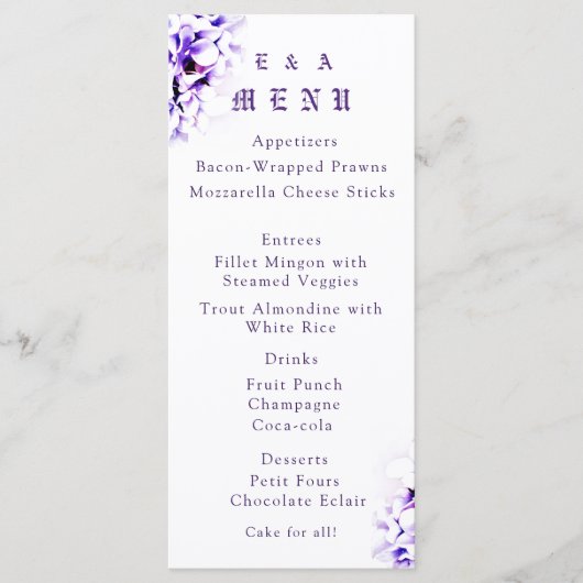 Elegante Viooltjes Katholieke Bruiloft Menu Kaart (Voorkant)