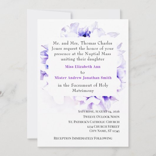 Elegante viooltjes Katholieke bruiloft uitnodiging (Voorkant)