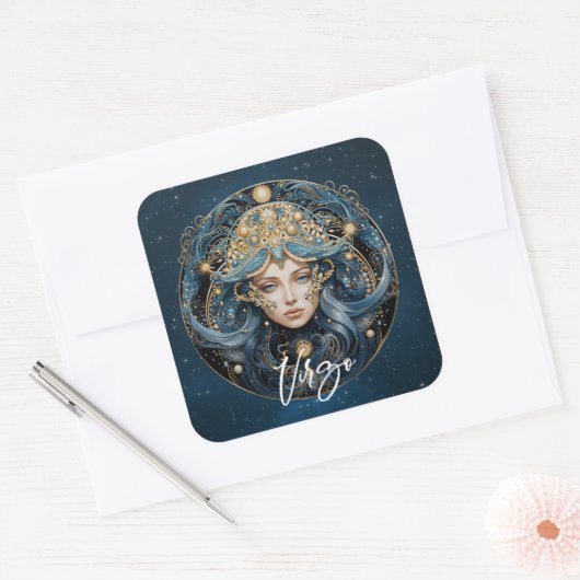 Elegante Virgin Fantasy Zodiac Zwart Goud Maagd Vierkante Sticker (Envelop)