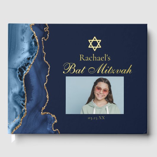Elegante vleermuis mitzvah marine blauw gouden fol gastenboek (Voorkant)