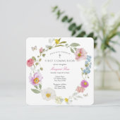 Elegante Vlinder Bloem Communie Uitnodiging (Staand voorkant)
