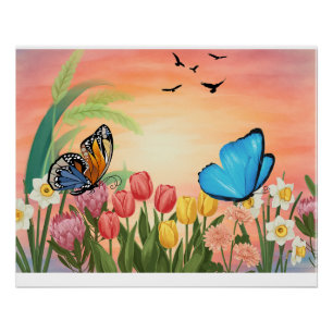 Elegante Vlinder Bloem Olie Schilderij Perfect Poster