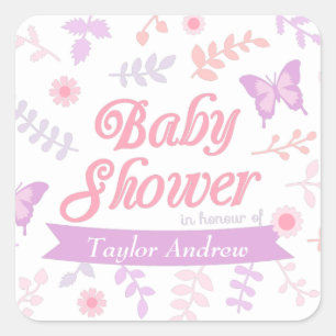 Elegante Vlinder Bloemen Baby Shower Feest Vierkante Sticker