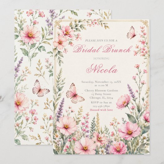 Elegante Vlinder Bloemen Brunch Kaart (Voorkant / Achterkant)