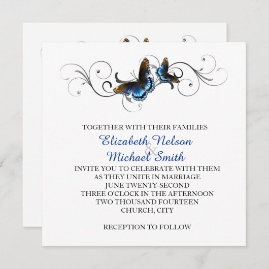 Elegante Vlinder Bloemen Swirls Bruiloft Uitnodige Kaart (Voorkant / Achterkant)