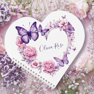 Elegante vlinder bloemenhart gepersonaliseerd notitieboek