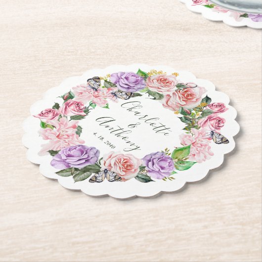 Elegante vlinder bloemenlente bruiloft kartonnen onderzetters (Gekanteld)