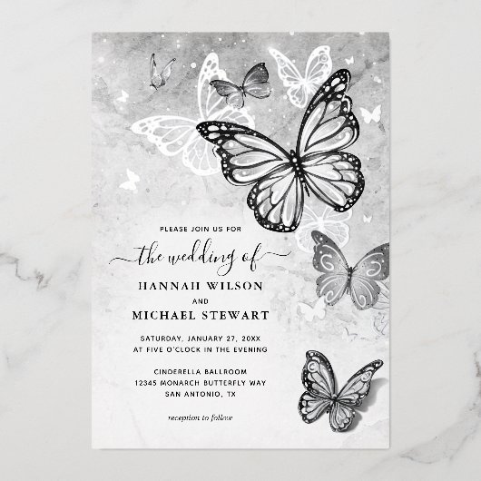 Elegante Vlinder Bruiloft Echt Zilver Folie Uitnodiging (Voorkant)