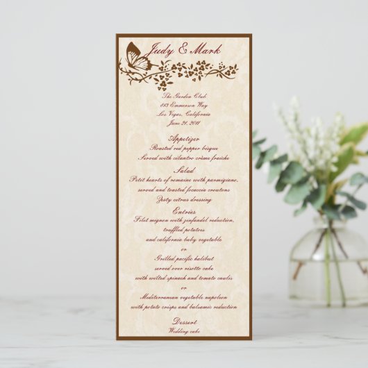 Elegante Vlinder Bruiloft Menu Kaart (Staand voorkant)