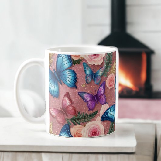 Elegante vlinder en bloemenglitter Mok