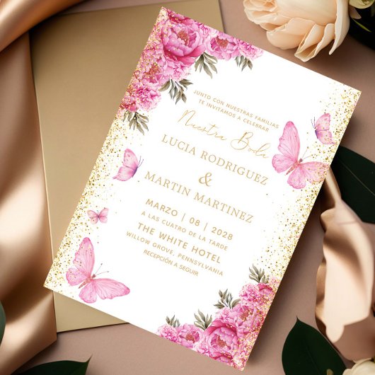 Elegante Vlinder en Bloemige Nuestra Boda Kaart