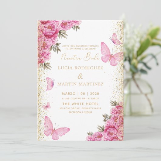 Elegante Vlinder en Bloemstuk Nuestra Boda Kaart (Staand voorkant)