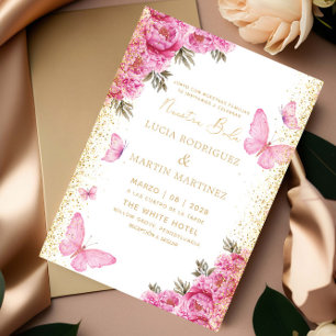 Elegante Vlinder en Bloemstuk Nuestra Boda Kaart