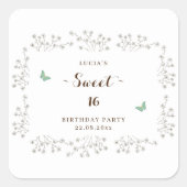 Elegante Vlinder En Wilde Bloem Sweet 16 Verjaarda Vierkante Sticker (Voorkant)