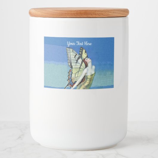 Elegante vlinder fee gouden jurk onder blauwe luch voedselcontainer etiket (Voorkant)