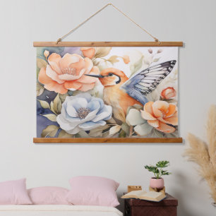 Elegante Vlinder Gevleugelde Vogel en Bloeit Kunst Hangend Wandkleed