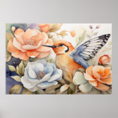 Elegante Vlinder Gevleugelde Vogel en Bloeit Kunst Poster (Voorkant)