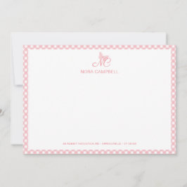 Elegante Vlinder Monogram Perzik Roze Gingham Notitiekaartje