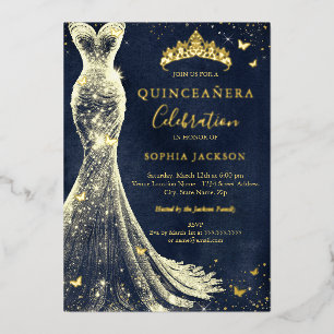 Elegante  vlinder Navy Gold Quinceanera Folie Uitnodiging