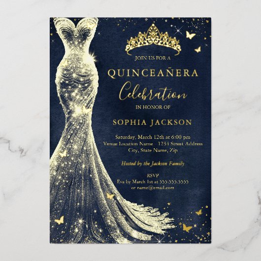 Elegante  vlinder Navy Gold Quinceanera Folie Uitnodiging (Voorkant)