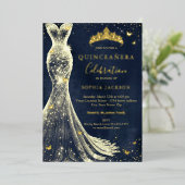 Elegante  vlinder Navy Gold Quinceanera Folie Uitnodiging (Staand Voorkant)