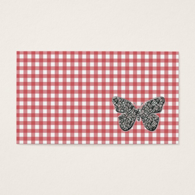 Elegante vlinder op rode gingham complimenteert ka visitekaartjes (Voorkant)
