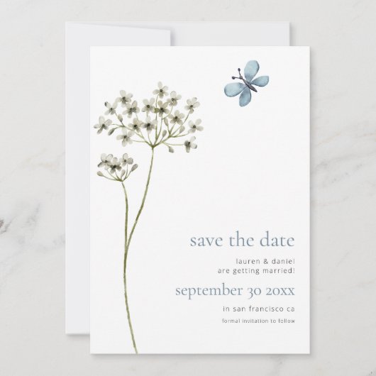Elegante Vlinder Wildflower QR Code Blauw Bruiloft Save The Date (Voorkant)