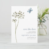 Elegante Vlinder Wildflower QR Code Blauw Bruiloft Save The Date (Staand voorkant)