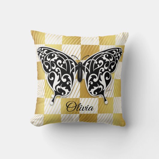 Elegante Vlinder Worp Kussen Zwart (Voorkant)