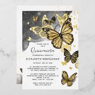 Elegante Vlinder Zwart Quinceanera Echt Goud Folie Uitnodiging