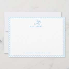 Elegante Vlindermonogram Baby Blue Gingham Plaid Notitiekaartje
