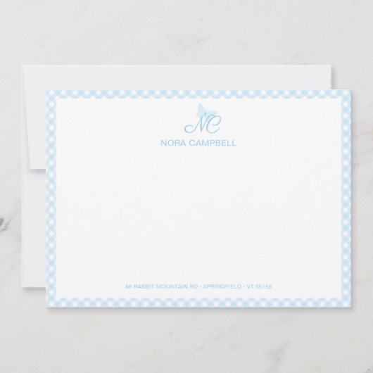 Elegante Vlindermonogram Baby Blue Gingham Plaid Notitiekaartje (Voorkant)
