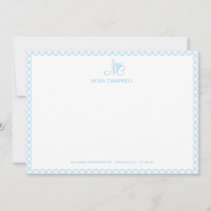 Elegante Vlindermonogram Baby Blue Gingham Plaid Notitiekaartje