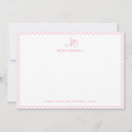 Elegante Vlindermonogram Girly Baby Pink Gingham Notitiekaartje