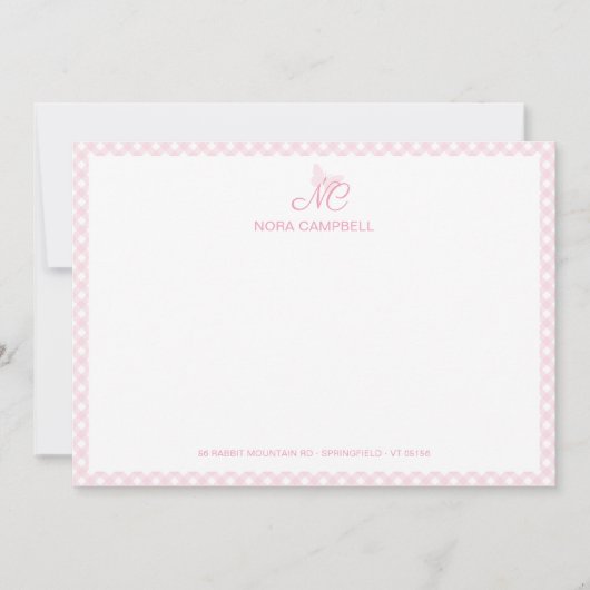 Elegante Vlindermonogram Girly Baby Pink Gingham Notitiekaartje (Voorkant)