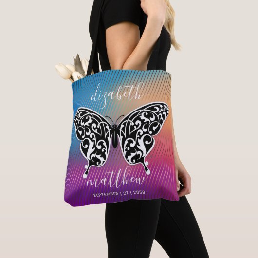 Elegante vlinderontwerp met geweldige zonsondergan tote bag (Dichtbij)