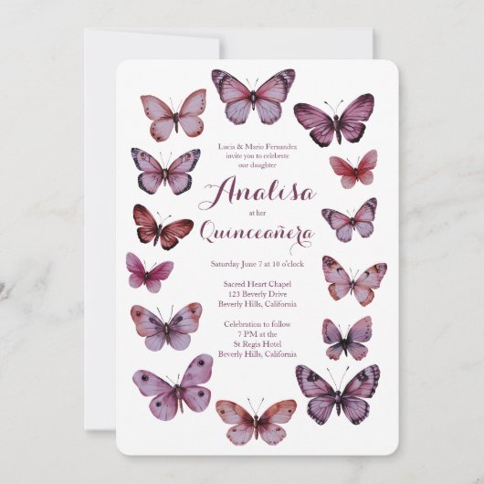 Elegante Vlinders Lijst Quinceañera CUSTOM Kaart (Voorkant)