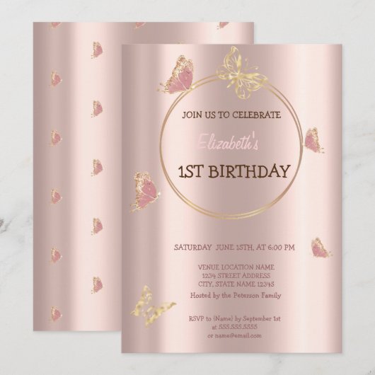 Elegante Vlinders Roos Gouden Verjaardag Kaart (Voorkant / Achterkant)