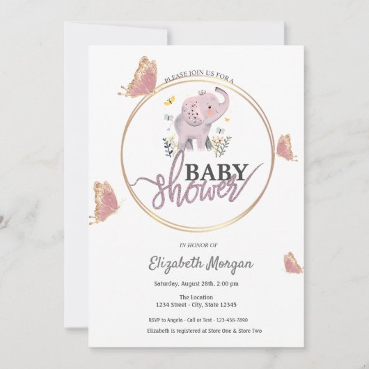Elegante vlinders roze olifant Baby shower Kaart (Voorkant)