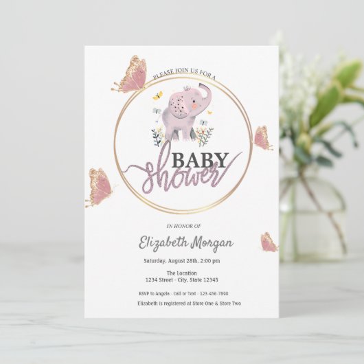 Elegante vlinders roze olifant Baby shower Kaart (Staand voorkant)