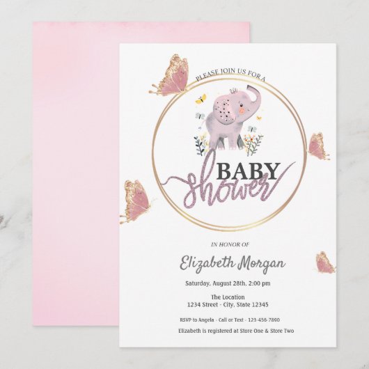 Elegante vlinders roze olifant Baby shower Kaart (Voorkant / Achterkant)