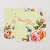 Elegante Vlinders & Rozen Verjaardagsuitnodiging Kaart (Voorkant / Achterkant)