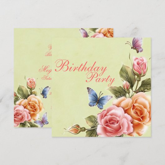 Elegante Vlinders & Rozen Verjaardagsuitnodiging Kaart (Voorkant / Achterkant)